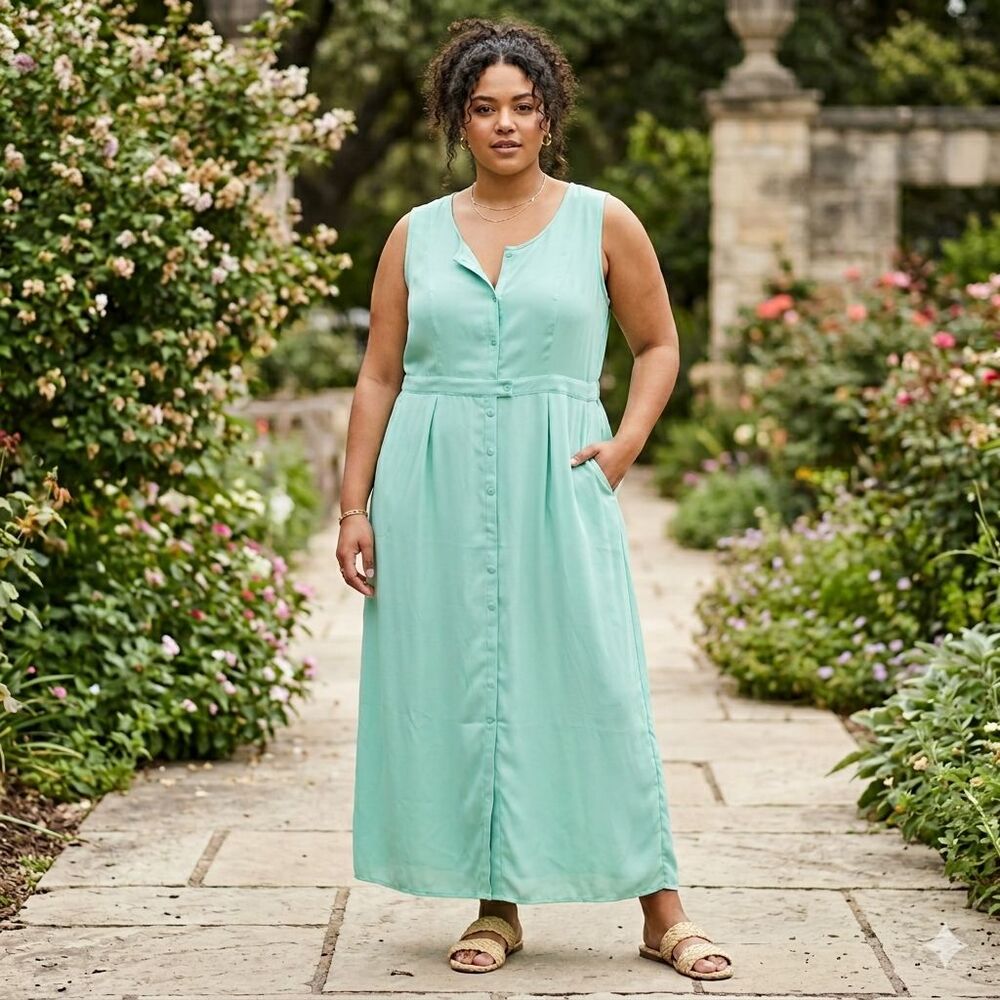 Queen Collection Mint Green Maxi Dress XL Sleeveless Button Front Shift Pocketed